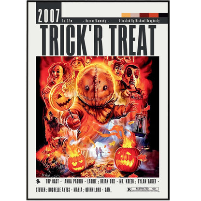 Trick r Treat 2007 Halloween horror film poster UK. Michael Dougherty Sam anthology Halloween traditions anthology cult wall art print. Halloween gift. Multiple sizes. Fast UK delivery. Buy 3 get 1 FREE.
