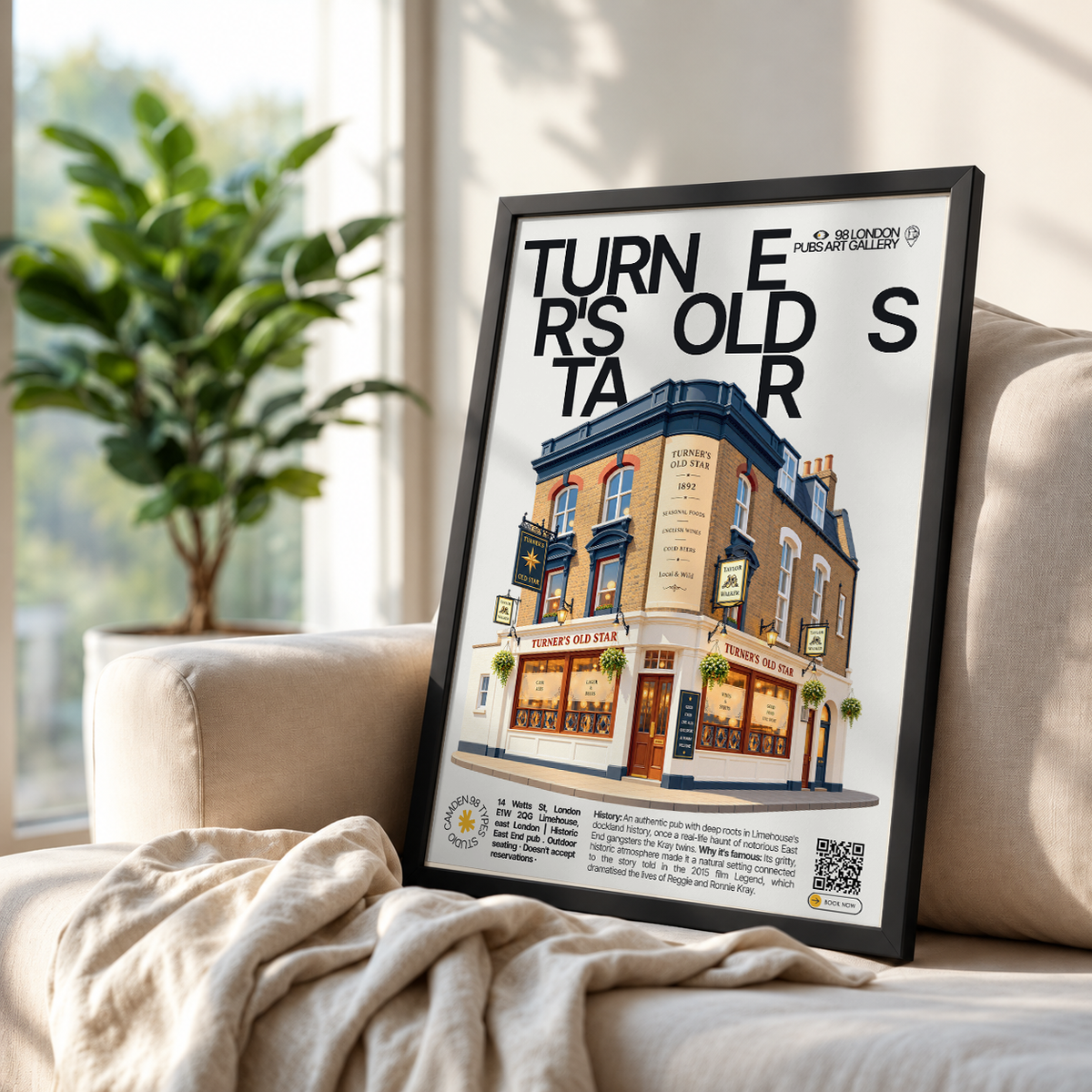 Turner's Old Star poster, Wapping, London: traditional East End pub facade in Wapping - 98 London Pubs Art Gallery by 98 Types