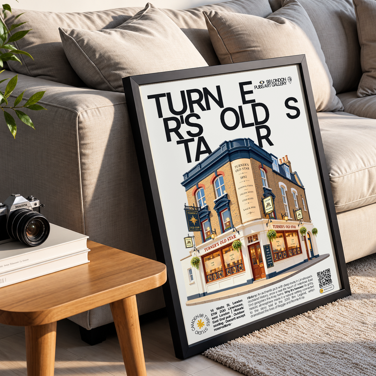 Turner's Old Star poster, Wapping, London: traditional East End pub facade in Wapping - 98 London Pubs Art Gallery by 98 Types