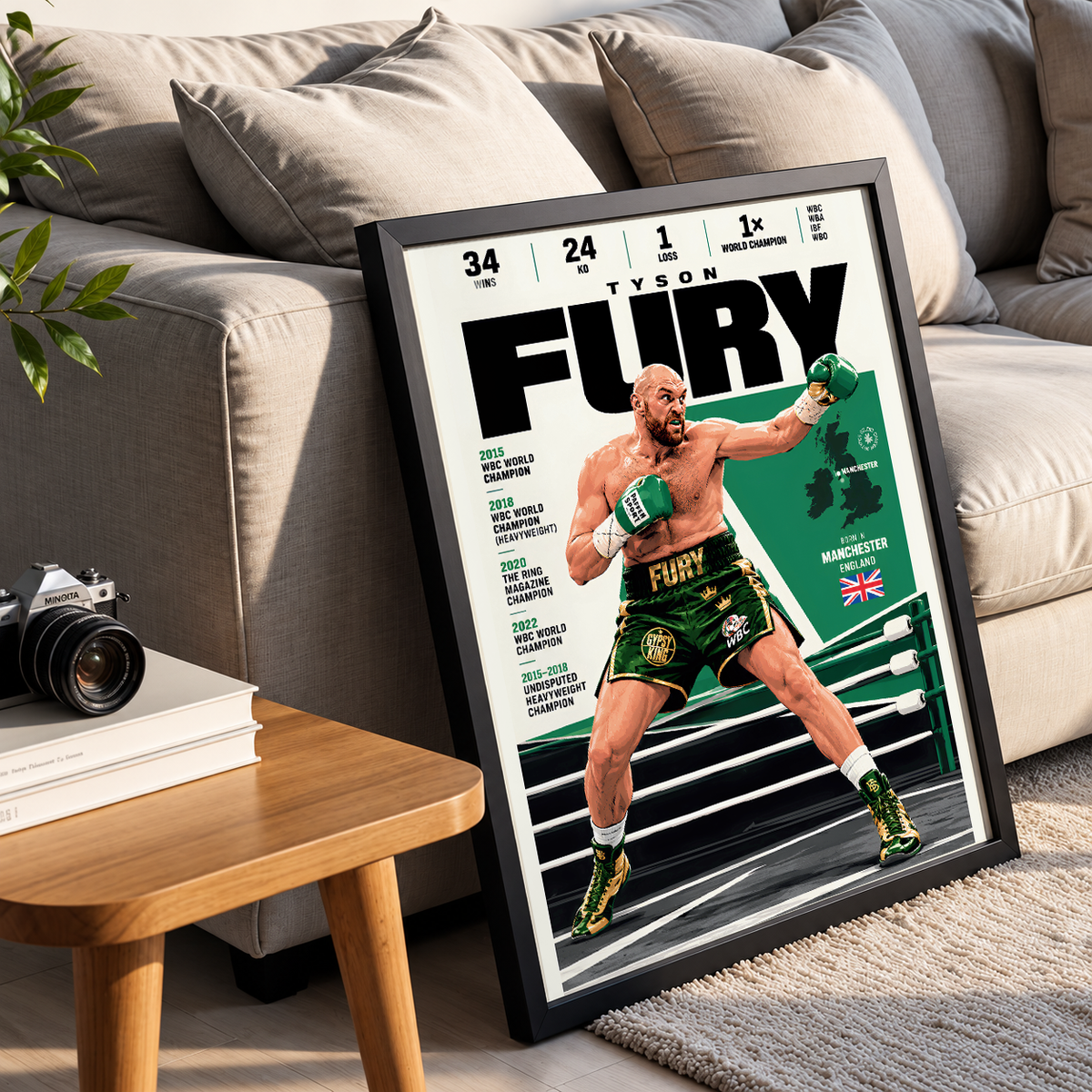 Tyson Fury poster, British boxing wall art print in a bedroom - 98types