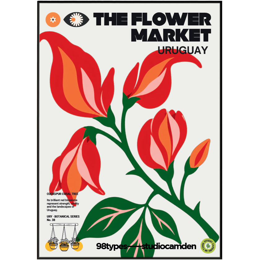 The Flower Market Uruguay Ceibo Erythrina botanical poster print UK — national flower graphic wall art 260gsm printed in England Camden Market