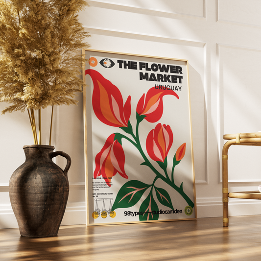 The Flower Market Uruguay Ceibo Erythrina botanical poster print UK — national flower graphic wall art 260gsm printed in England Camden Market