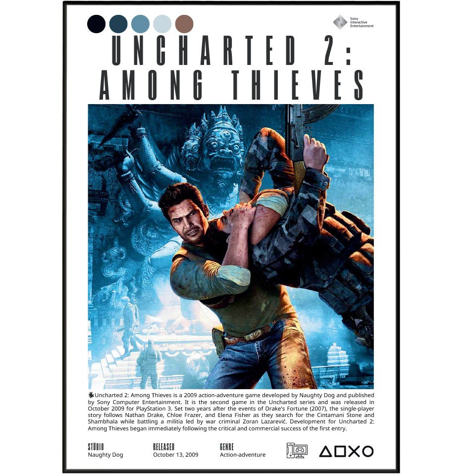 Uncharted 2 Among Thieves 2009 game poster — Naughty Dog Nathan Drake Chloe Shambhala wall art print UK - 98types