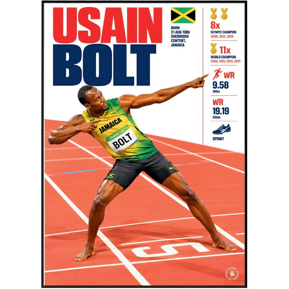 A vertical poster featuring Usain Bolt in a dynamic running pose on a track, with large red and blue 'USAIN BOLT' text at the top and race statistics on the right side. The Jamaica flag is visible near the top, and the poster is shown centered on a white background.