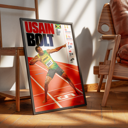 A framed poster of Usain Bolt leaning against a wall in a modern room with wooden furniture and warm sunlight.