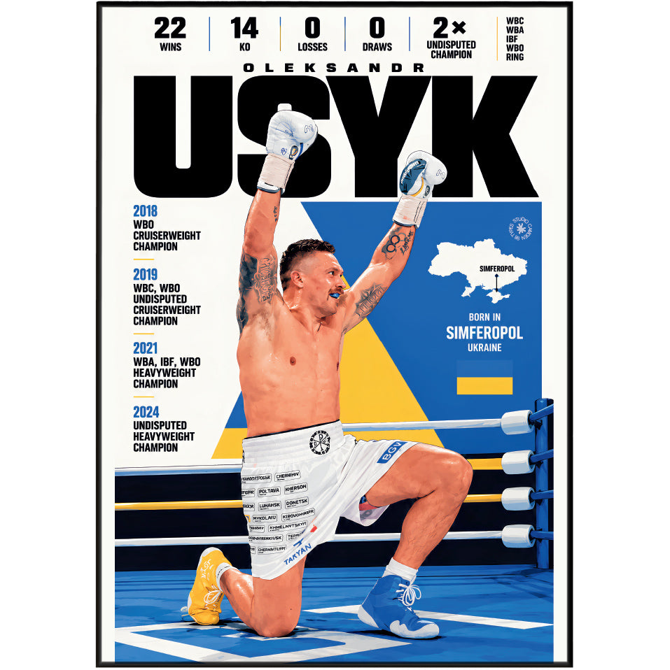 A framed boxing poster featuring Oleksandr Usyk in a ring, celebrating with arms raised. The poster has a white background with large black 'USYK' text, blue and yellow graphic shapes, and white boxing shorts with sponsor logos.