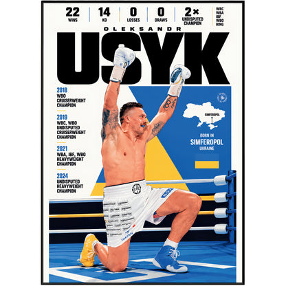 A framed boxing poster featuring Oleksandr Usyk in a ring, celebrating with arms raised. The poster has a white background with large black 'USYK' text, blue and yellow graphic shapes, and white boxing shorts with sponsor logos.