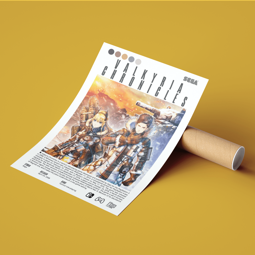 Valkyria Chronicles 2008 game poster — Sega Welkin Alicia Squad 7 watercolour tactical RPG wall art print UK - 98types