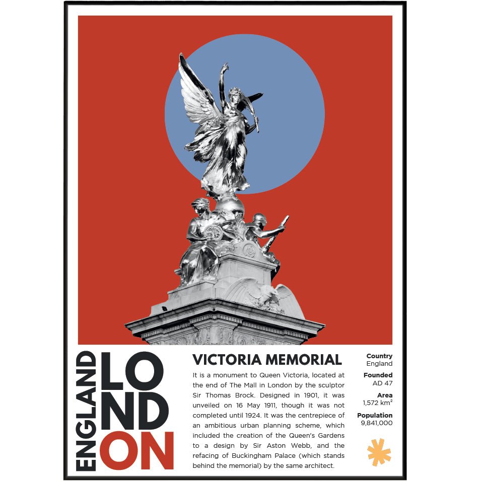 Victoria Memorial illustration poster — Thomas Brock Buckingham Palace forecourt gilded Victory Queen Victoria wall art print UK
