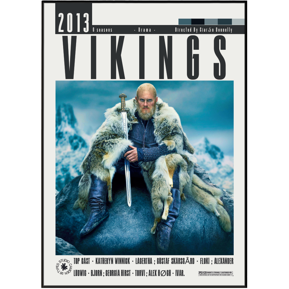 A movie poster for the 2013 film 'Vikings', featuring a bearded warrior in a fur-lined cloak holding a sword, seated on a rock against a snowy mountain background. The title 'VIKINGS' appears in large black letters at the top, with cast and production credits along the bottom.