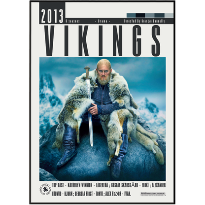 A movie poster for the 2013 film 'Vikings', featuring a bearded warrior in a fur-lined cloak holding a sword, seated on a rock against a snowy mountain background. The title 'VIKINGS' appears in large black letters at the top, with cast and production credits along the bottom.