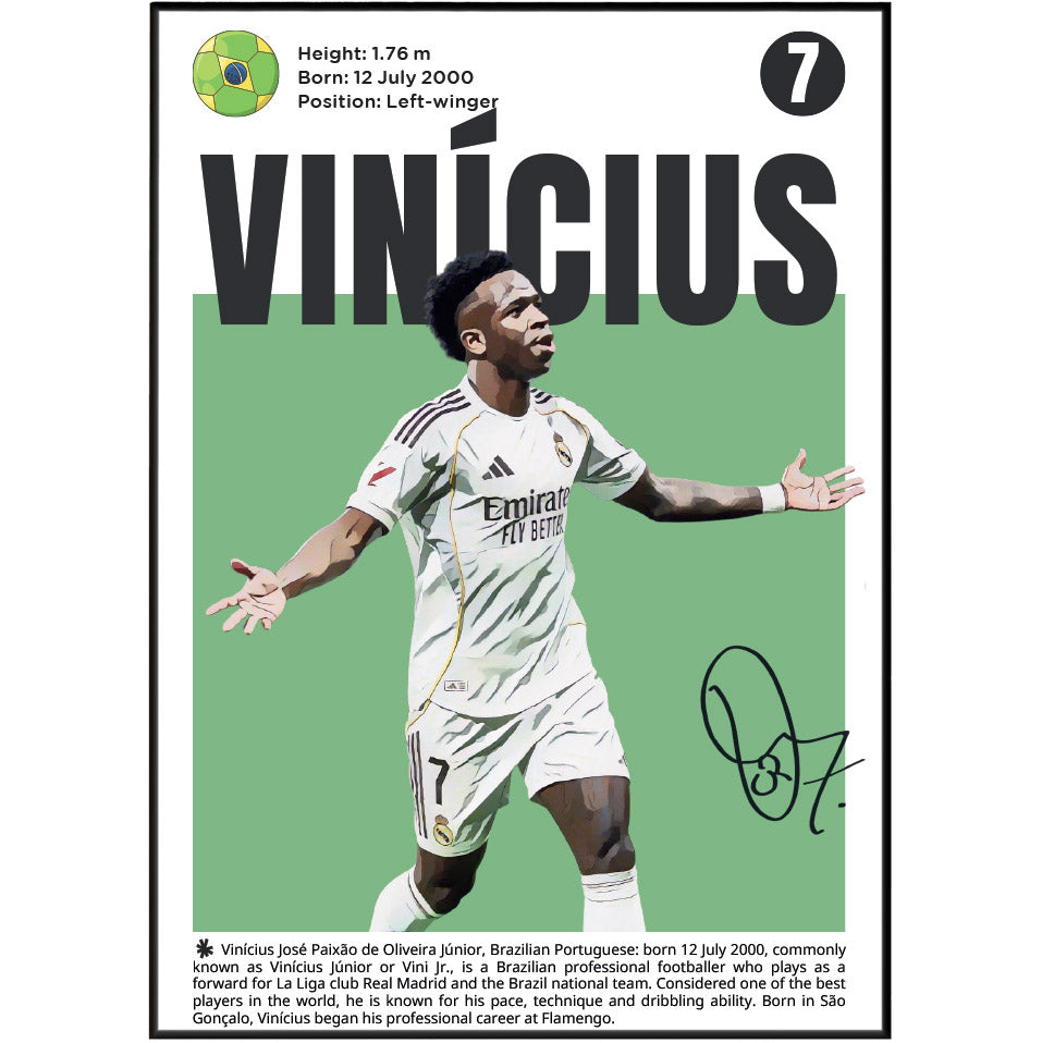 Vinicius Jr. soccer poster print featuring a player profile with height, birth date, position, a green soccer ball graphic, a large black 'VINICIUS' name, a photo of the player in a Real Madrid jersey, and a black signature at the bottom right.