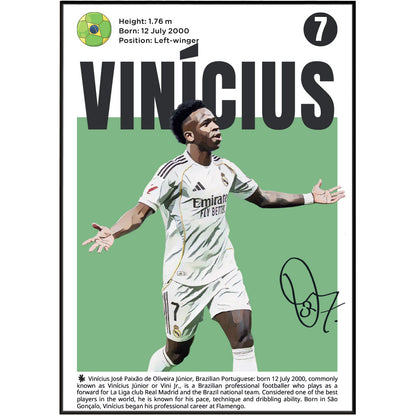 Vinicius Jr. soccer poster print featuring a player profile with height, birth date, position, a green soccer ball graphic, a large black 'VINICIUS' name, a photo of the player in a Real Madrid jersey, and a black signature at the bottom right.