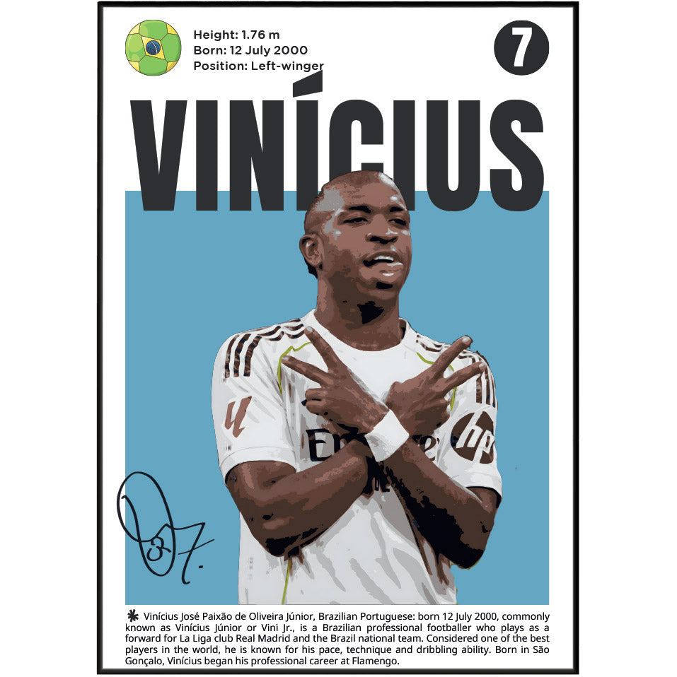 A vertically oriented printed poster or card featuring a stylized portrait of footballer Vinicius Jr., with his name in large black letters, biographical text at the top and bottom, and a blue background behind the portrait.
