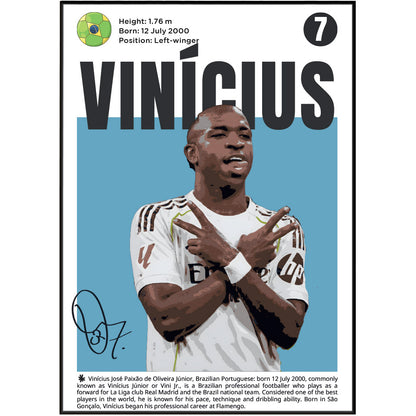 A vertically oriented printed poster or card featuring a stylized portrait of footballer Vinicius Jr., with his name in large black letters, biographical text at the top and bottom, and a blue background behind the portrait.