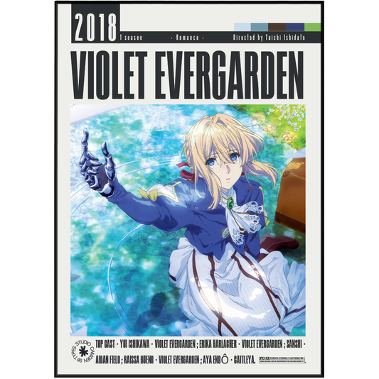 Violet Evergarden 2018 1-season romance manga cover, featuring a blonde female character in a blue and white uniform reaching out from a bright blue water pool. The title 'VIOLET EVERGARDEN' is prominently displayed at the top, with production credits along the bottom.