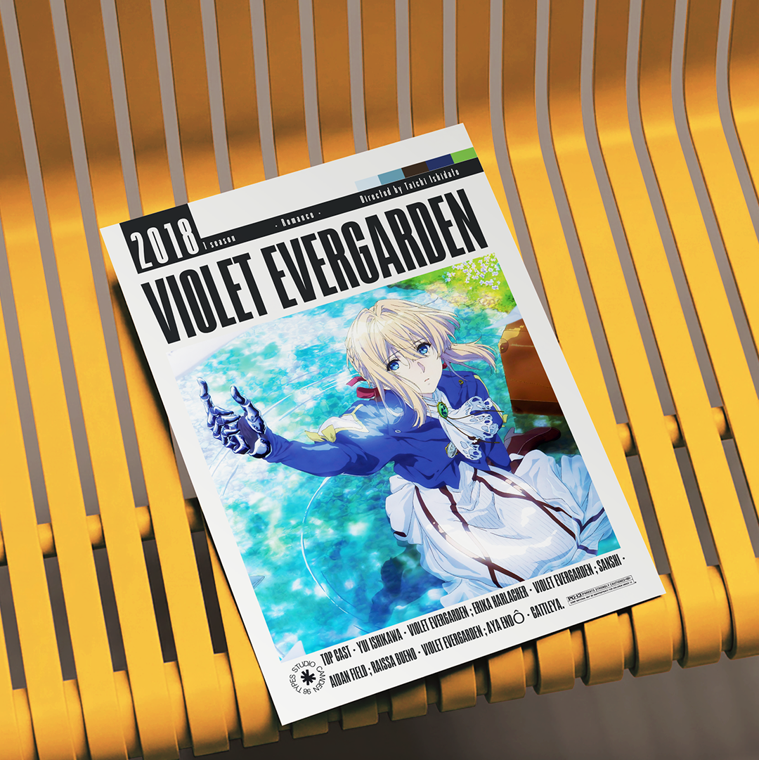 A printed magazine or book cover titled "Violet Evergarden" lies on a yellow slatted bench. The cover features anime artwork of a blonde character in a blue and white outfit against a bright blue water background, with the text "2018" and "Violet Evergarden" prominently visible.