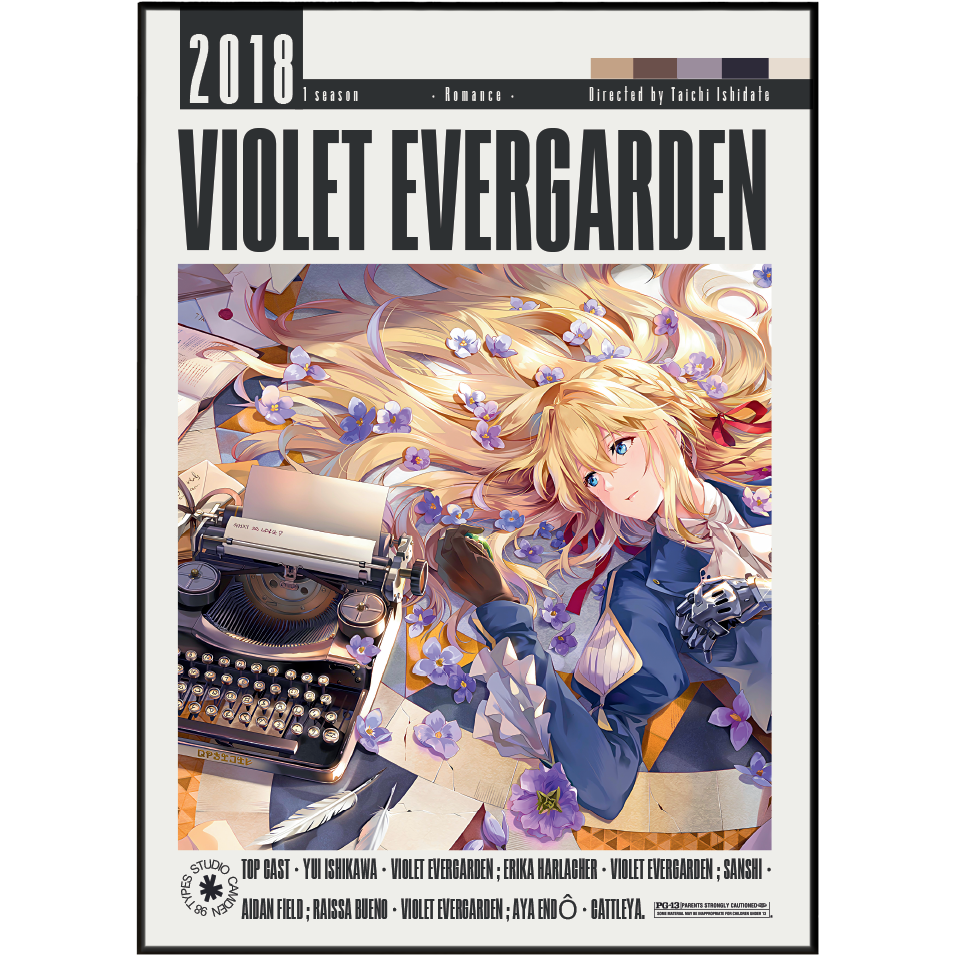 Violet Evergarden 2018 1-season anime poster featuring a blonde female character in a blue coat surrounded by purple flowers, with a typewriter and papers on a table. The poster has a black border and text at the top and bottom.
