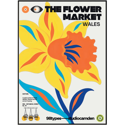 The Flower Market Wales Daffodil botanical poster print UK — national flower St Davids Day graphic wall art 260gsm printed in England Camden Market