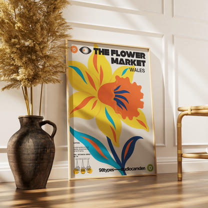 The Flower Market Wales Daffodil botanical poster print UK — national flower St Davids Day graphic wall art 260gsm printed in England Camden Market