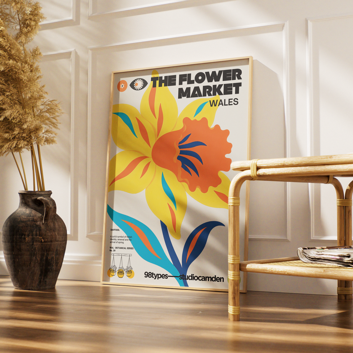 The Flower Market Wales Daffodil botanical poster print UK — national flower St Davids Day graphic wall art 260gsm printed in England Camden Market