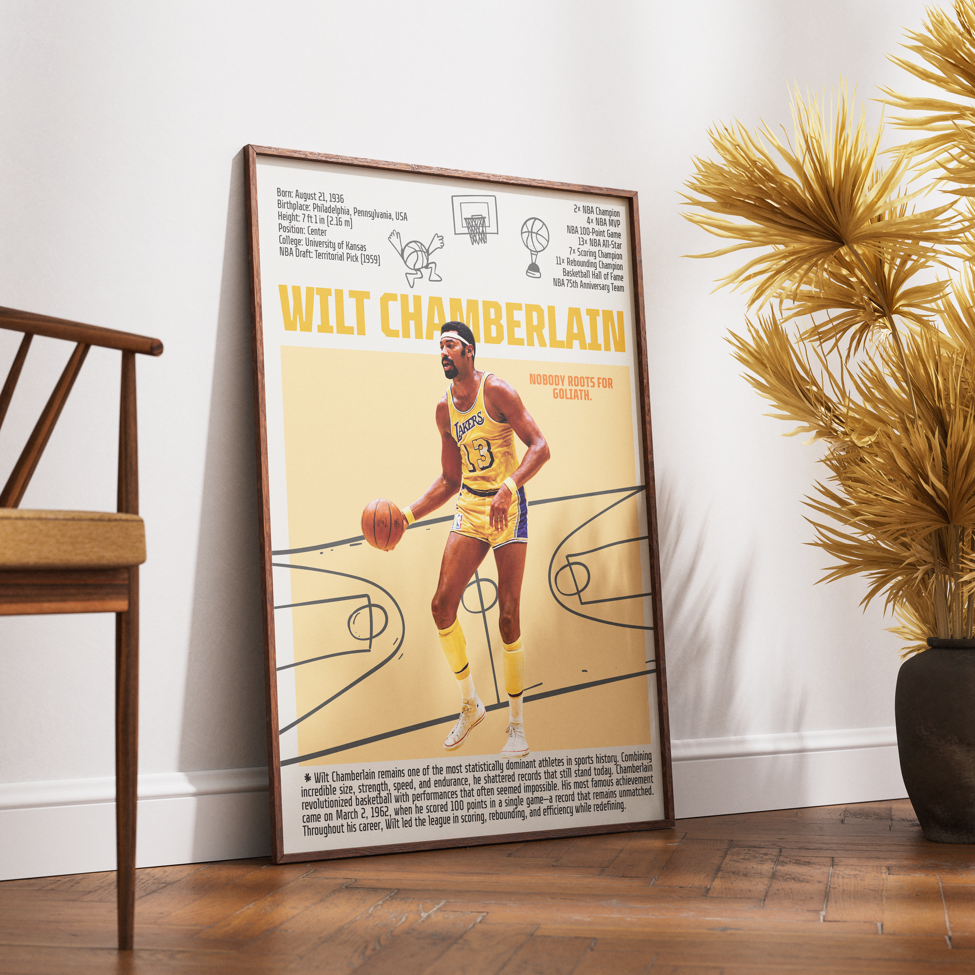 Wilt Chamberlain basketball poster — 100 point game Philadelphia Warriors Lakers minimalist wall art print UK