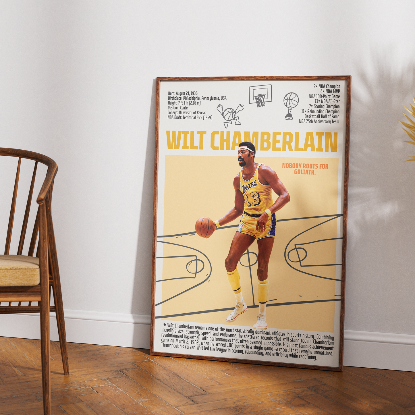 Wilt Chamberlain basketball poster — 100 point game Philadelphia Warriors Lakers minimalist wall art print UK