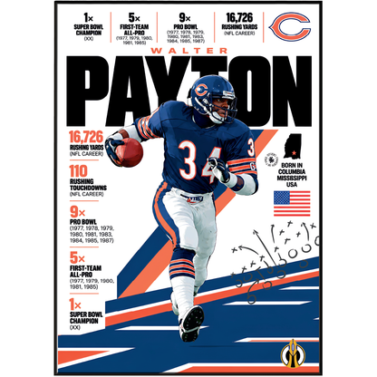 Walter Payton poster, Chicago Bears NFL wall art print in a boy's bedroom - 98types
