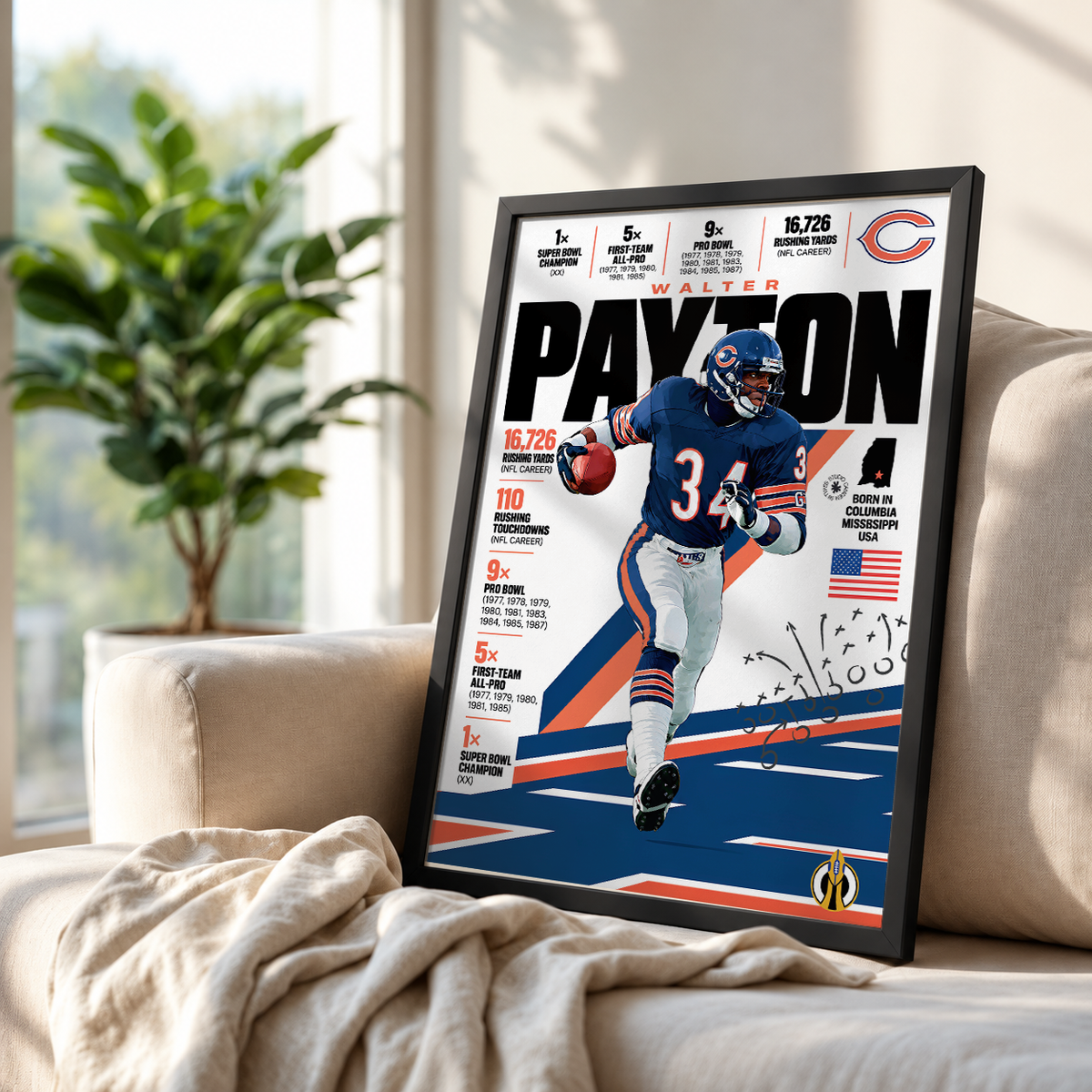 Walter Payton poster, Chicago Bears NFL wall art print in a boy's bedroom - 98types