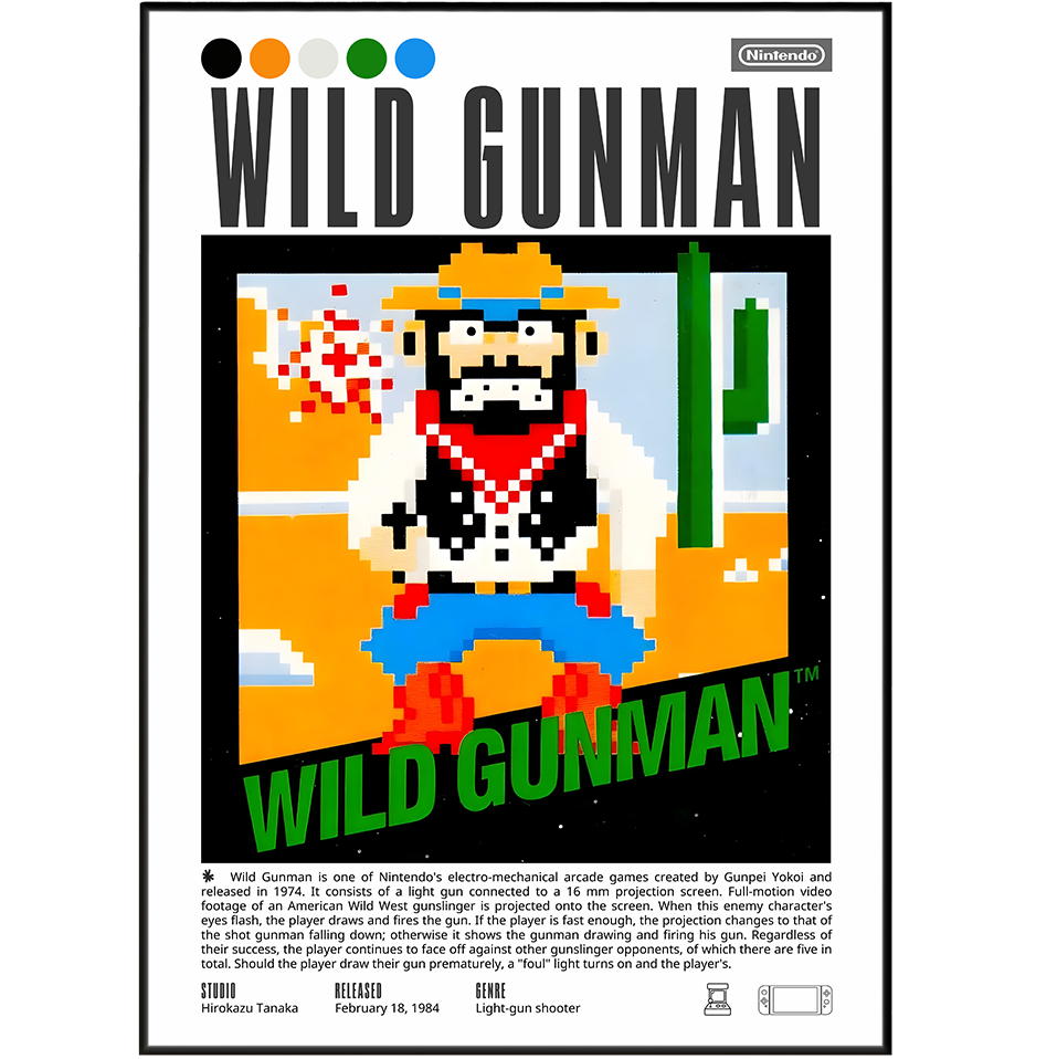 Wild Gunman 1984 retro game poster — Nintendo NES Zapper Western duel arcade wall art print UK
