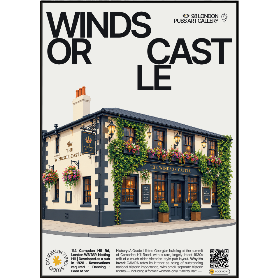 Windsor Castle poster, Notting Hill, London: Georgian pub facade at the top of a residential street - 98 London Pubs Art Gallery by 98 Types