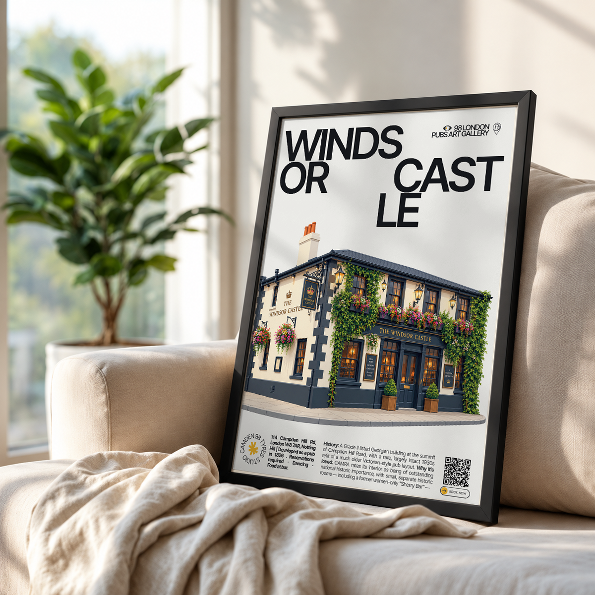 Windsor Castle poster, Notting Hill, London: Georgian pub facade at the top of a residential street - 98 London Pubs Art Gallery by 98 Types