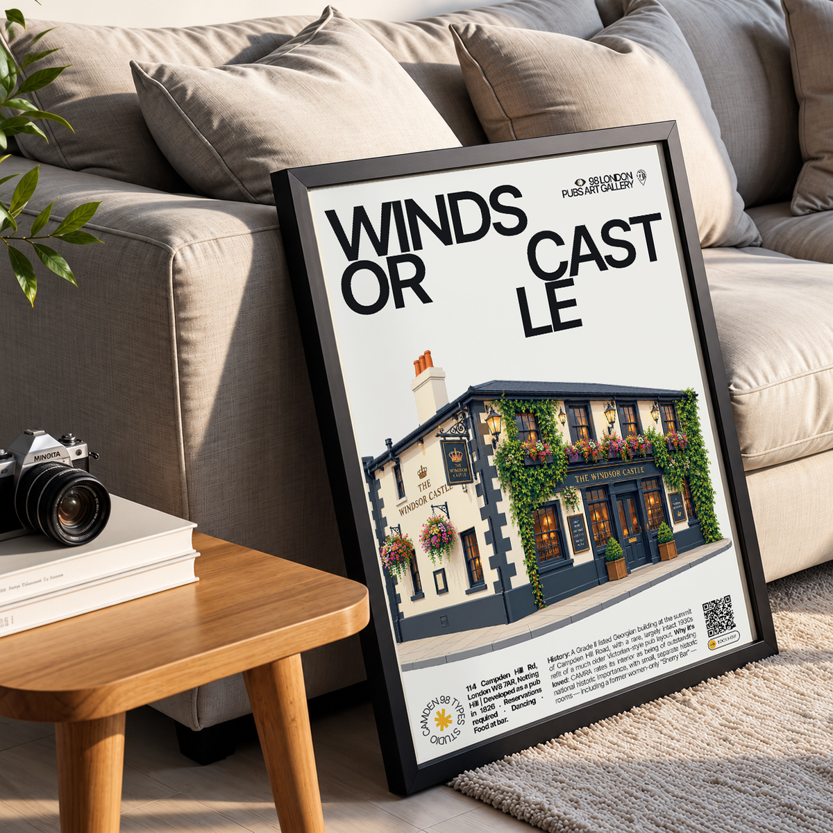 Windsor Castle poster, Notting Hill, London: Georgian pub facade at the top of a residential street - 98 London Pubs Art Gallery by 98 Types