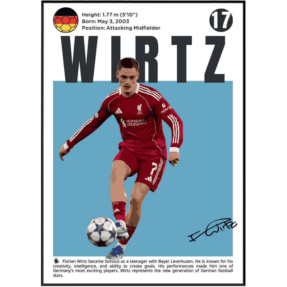A vertically oriented football poster featuring Florian Wirtz in a red Liverpool jersey, with his name 'WIRTZ' in large black letters, a blue background panel, and biographical text at the top and bottom.