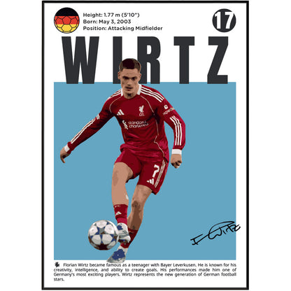 A vertically oriented football poster featuring Florian Wirtz in a red Liverpool jersey, with his name 'WIRTZ' in large black letters, a blue background panel, and biographical text at the top and bottom.