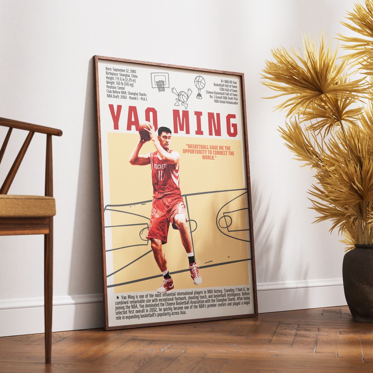 Yao Ming basketball poster — China Houston Rockets 8x All-Star Hall of Fame minimalist wall art print UK