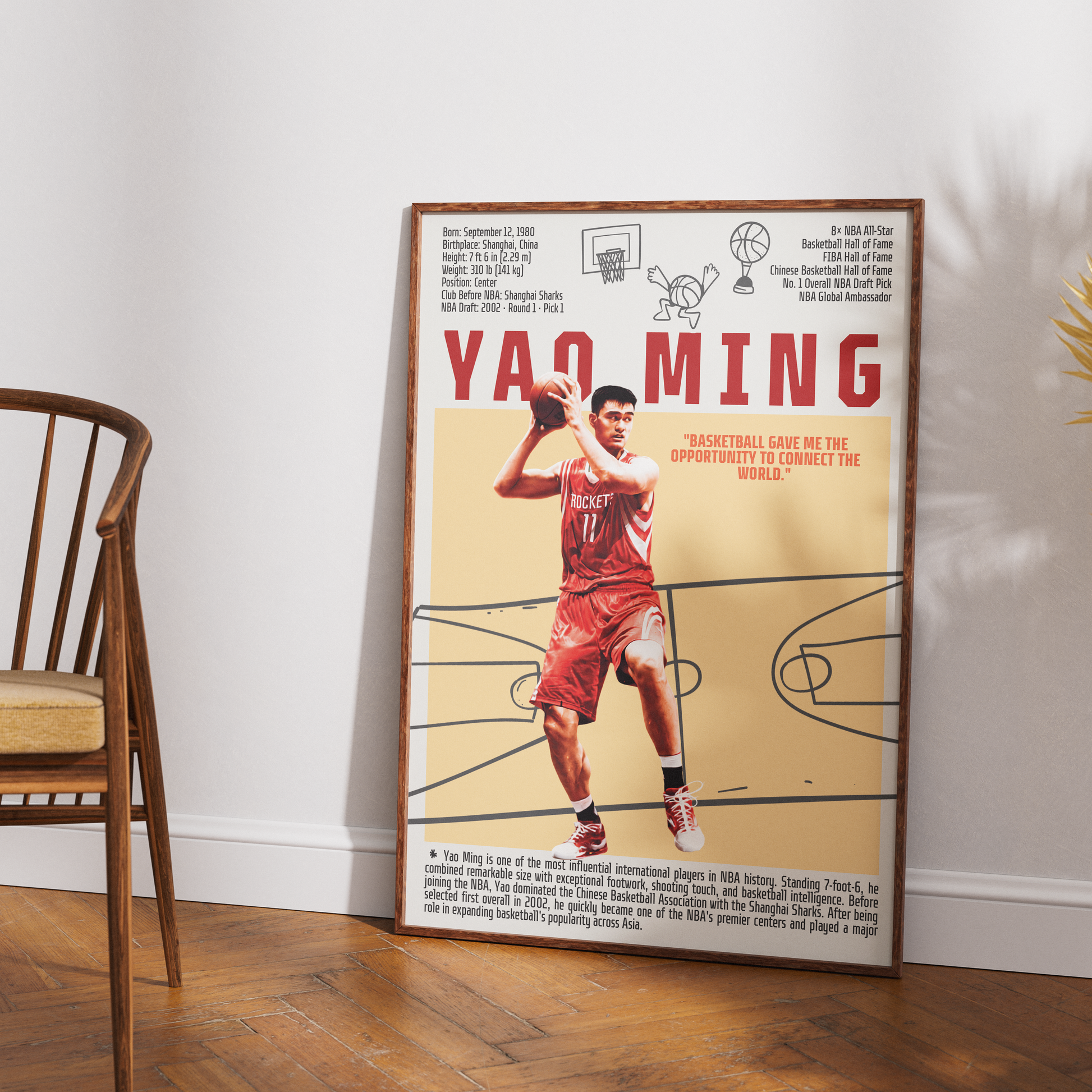 Yao Ming basketball poster — China Houston Rockets 8x All-Star Hall of Fame minimalist wall art print UK