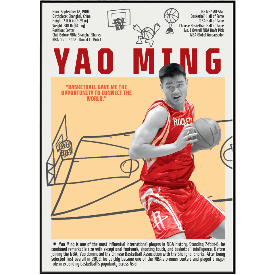 Yao Ming basketball poster — China Houston Rockets 8x All-Star Hall of Fame minimalist wall art print UK