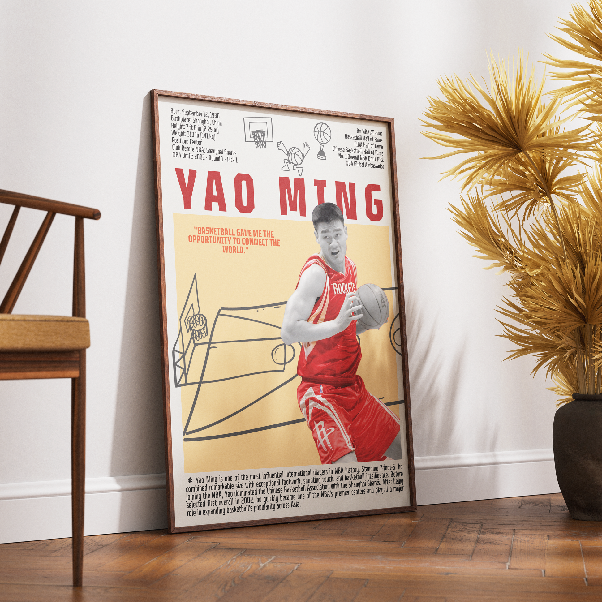 Yao Ming basketball poster — China Houston Rockets 8x All-Star Hall of Fame minimalist wall art print UK