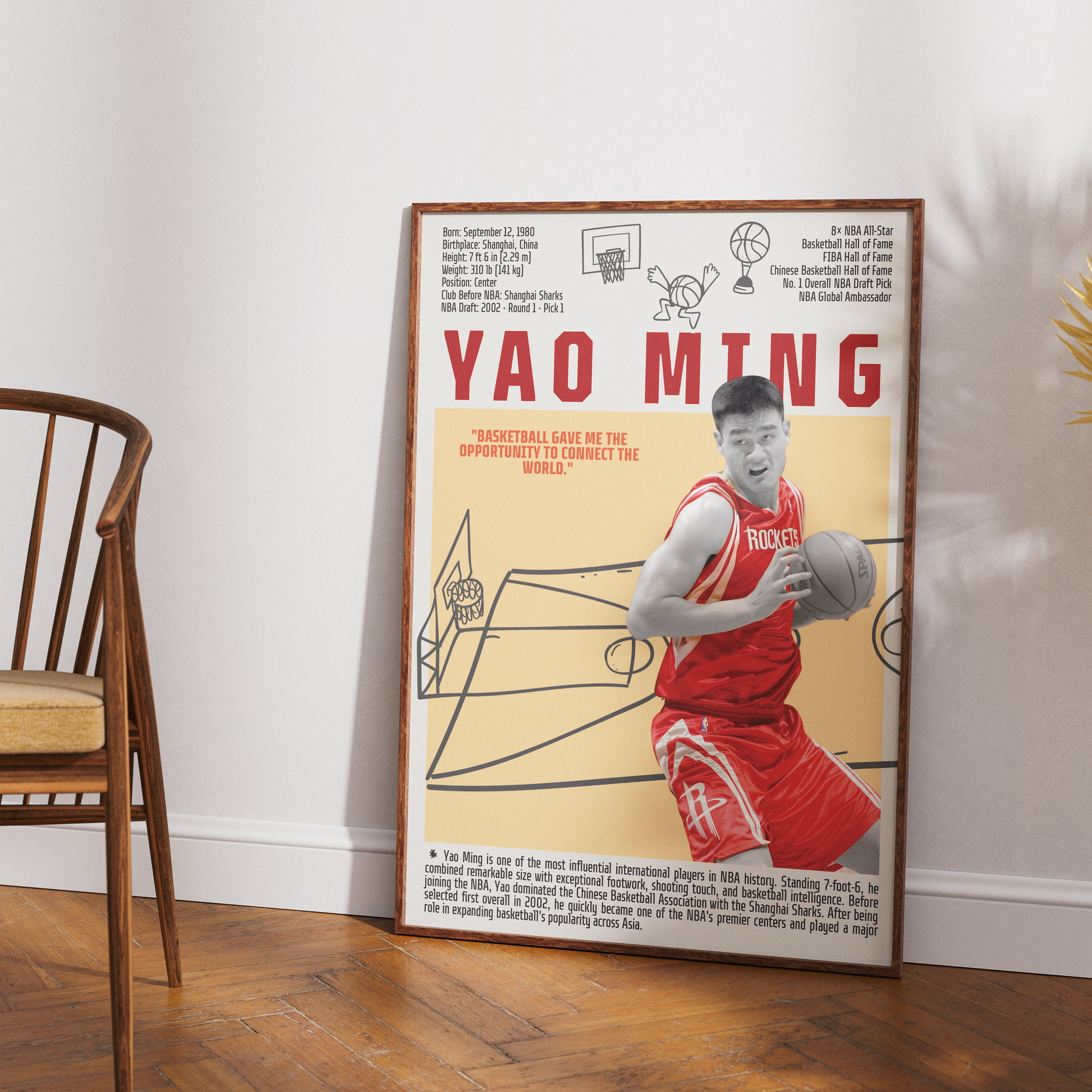 Yao Ming basketball poster — China Houston Rockets 8x All-Star Hall of Fame minimalist wall art print UK