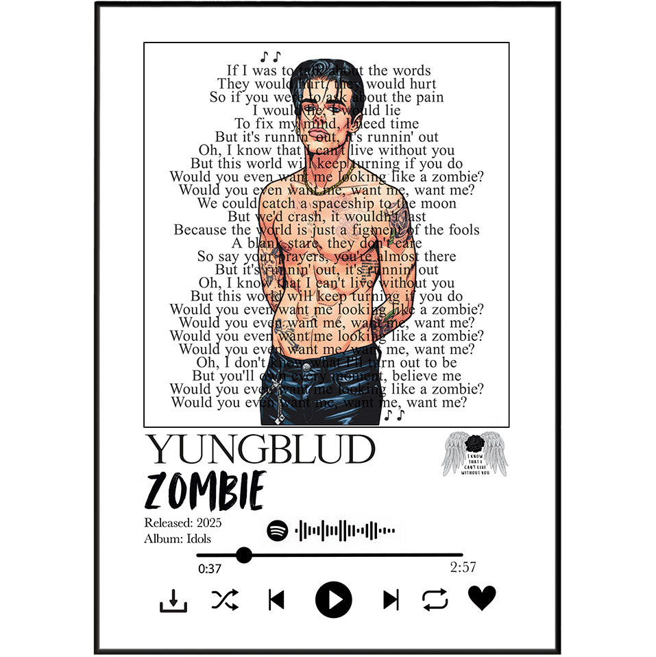 A square album cover for 'YUNGBLUD ZOMBIE' by Idols, featuring a central portrait of a woman with dark hair and a black top against a white background with printed song lyrics. The cover includes playback icons and release details at the bottom.