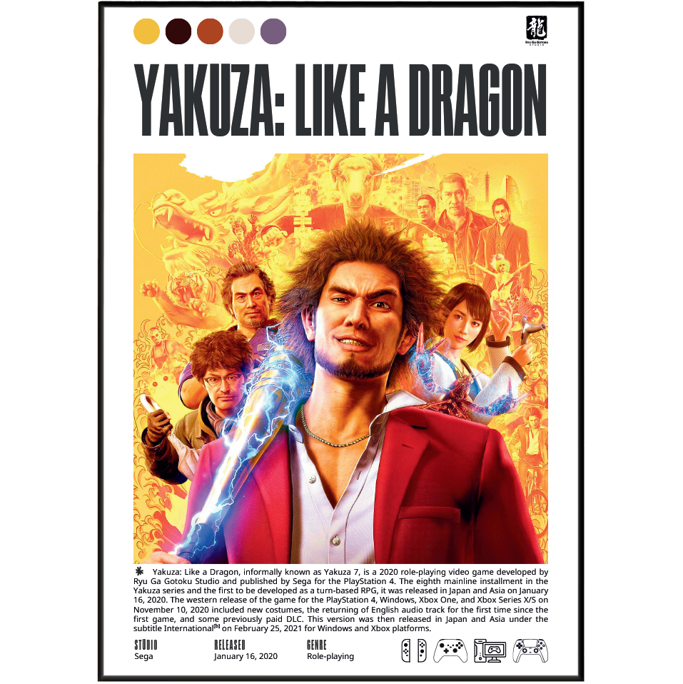 A framed-style poster print for the video game Yakuza: Like a Dragon, shown against a light gray background. The artwork features multiple characters in a fiery yellow-orange scene, with the title 'YAKUZA: LIKE A DRAGON' in large black text at the top.