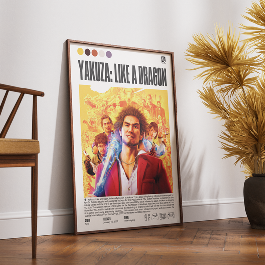 A framed poster of the movie 'Yakuza: Like a Dragon' leaning against a white wall on a wooden floor, styled in a room with a wooden chair on the left and a potted plant on the right.