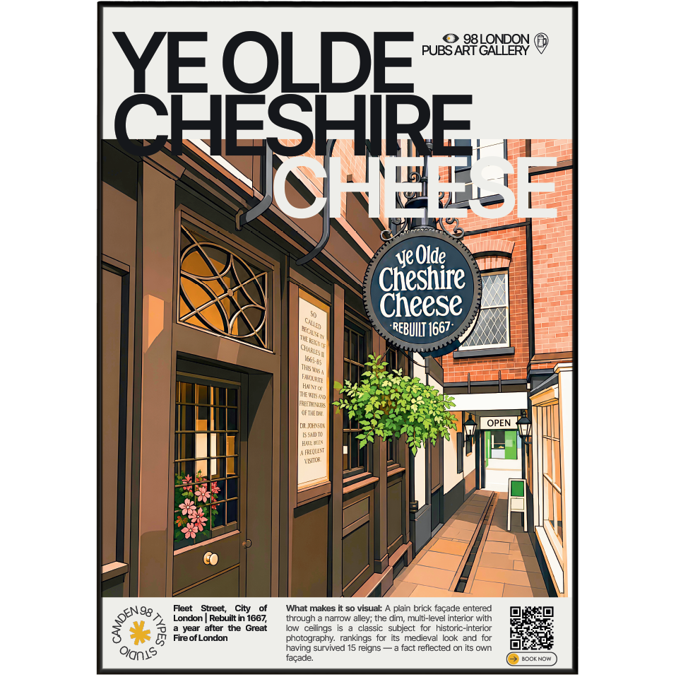 Ye Olde Cheshire Cheese poster, Fleet Street, London: plain brick facade entered through a narrow alley - 98 London Pubs Art Gallery by 98 Types