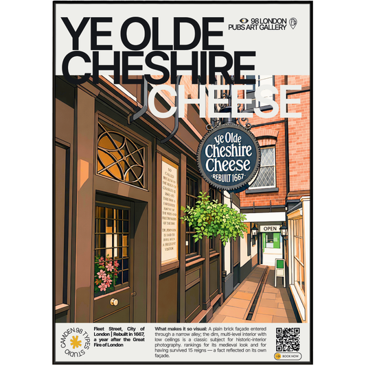 Ye Olde Cheshire Cheese poster, Fleet Street, London: plain brick facade entered through a narrow alley - 98 London Pubs Art Gallery by 98 Types