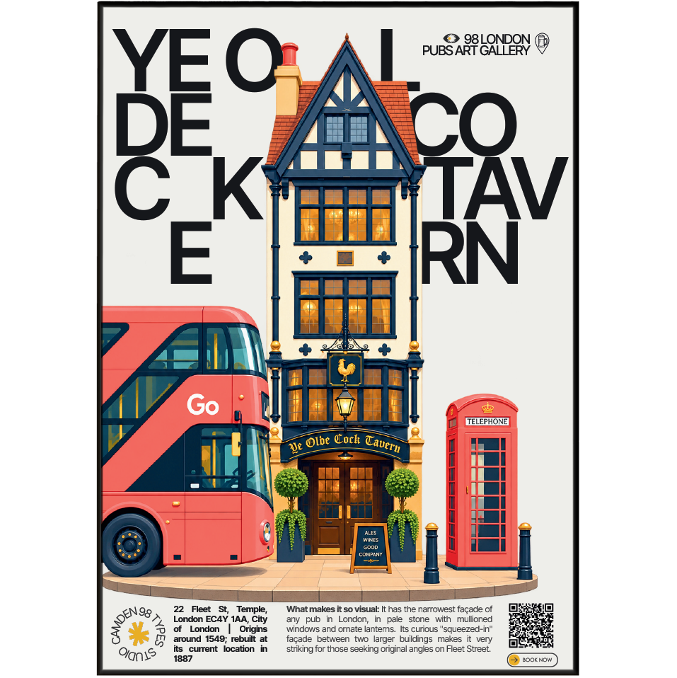 Ye Olde Cock Tavern poster, Fleet Street, London: extremely narrow pale stone pub facade - 98 London Pubs Art Gallery by 98 Types
