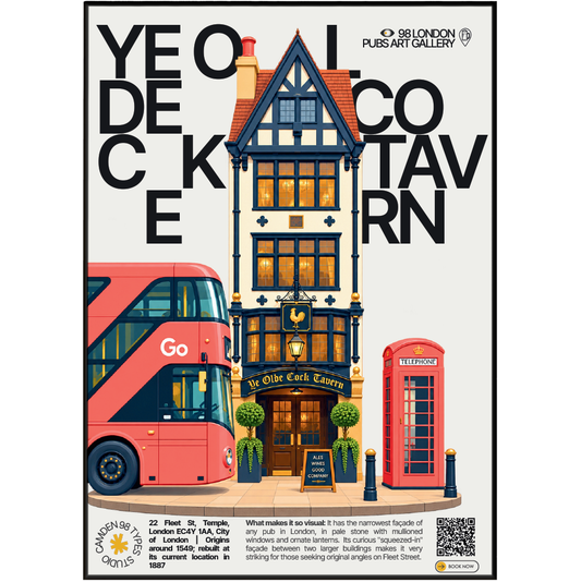 Ye Olde Cock Tavern poster, Fleet Street, London: extremely narrow pale stone pub facade - 98 London Pubs Art Gallery by 98 Types