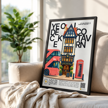 Ye Olde Cock Tavern poster, Fleet Street, London: extremely narrow pale stone pub facade - 98 London Pubs Art Gallery by 98 Types