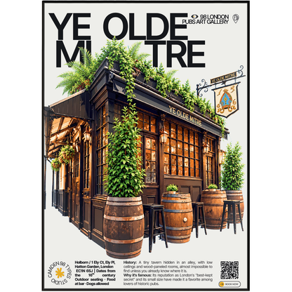 Ye Olde Mitre poster, Holborn, London: hidden tavern entrance down a narrow alley - 98 London Pubs Art Gallery by 98 Types