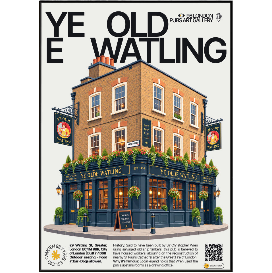 Ye Olde Watling poster, St Paul's, London: dark-timbered pub facade near St Paul's Cathedral - 98 London Pubs Art Gallery by 98 Types